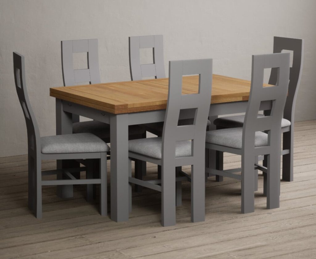 Extending Buxton 140cm Oak and Light Grey Painted Dining Table with 8 Blue Painted Chairs
