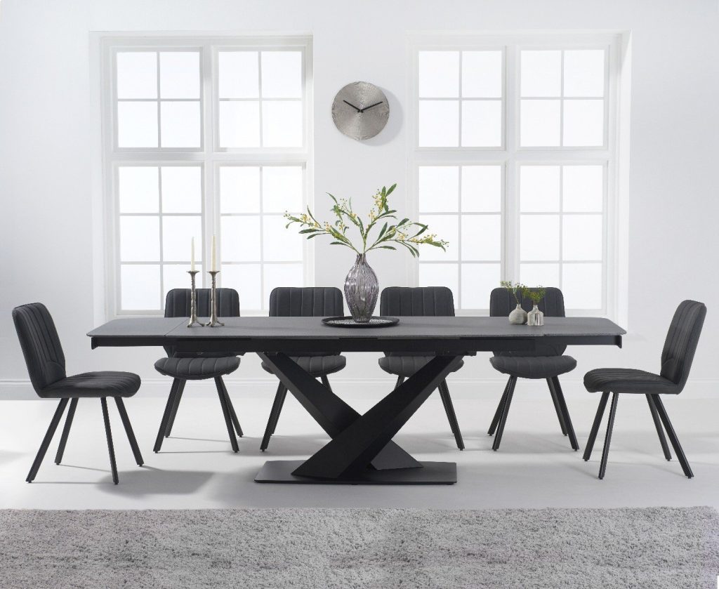 Extending Jacob 180cm Grey Stone Dining Table with 6 Grey Hendrick Chairs | Bed Sava