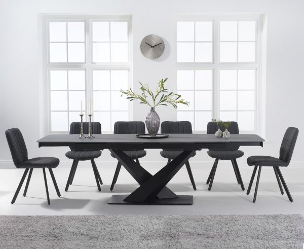 Extending Jacob 180cm Grey Stone Dining Table with 6 Grey Hendrick Chairs | Bed Sava