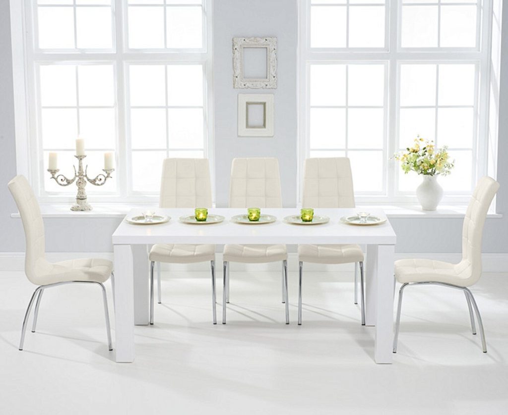 Seattle 160cm White High Gloss Dining Table with 6 Black Enzo Chairs
