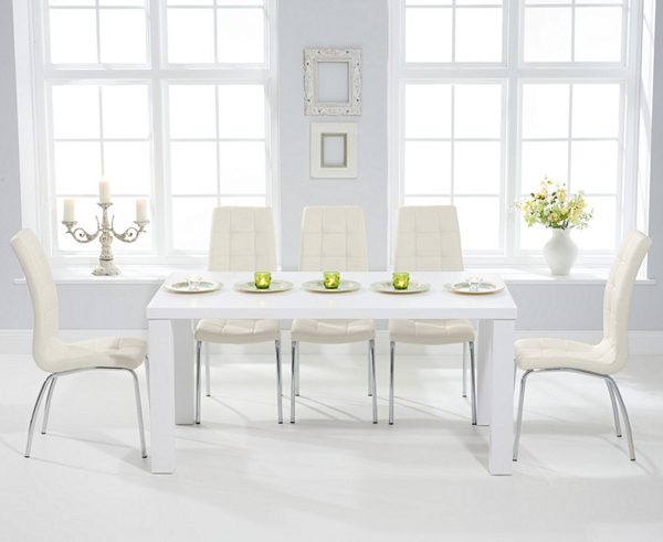 Seattle 160cm White High Gloss Dining Table with 4 White Enzo Chairs | Bed Sava