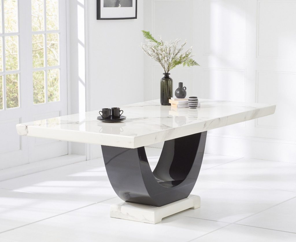 Novara 200cm White and Black Pedestal Marble Dining Table