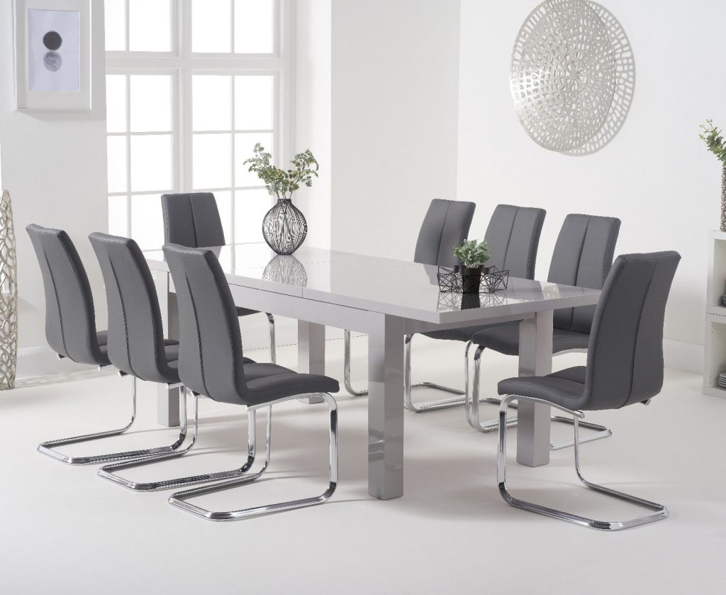 Extending Seattle 160cm Light Grey High Gloss Dining Table with 4 Grey Gianni Chairs