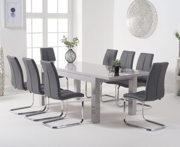 Extending Seattle 160cm Light Grey High Gloss Dining Table with 4 Grey Gianni Chairs | Bed Sava
