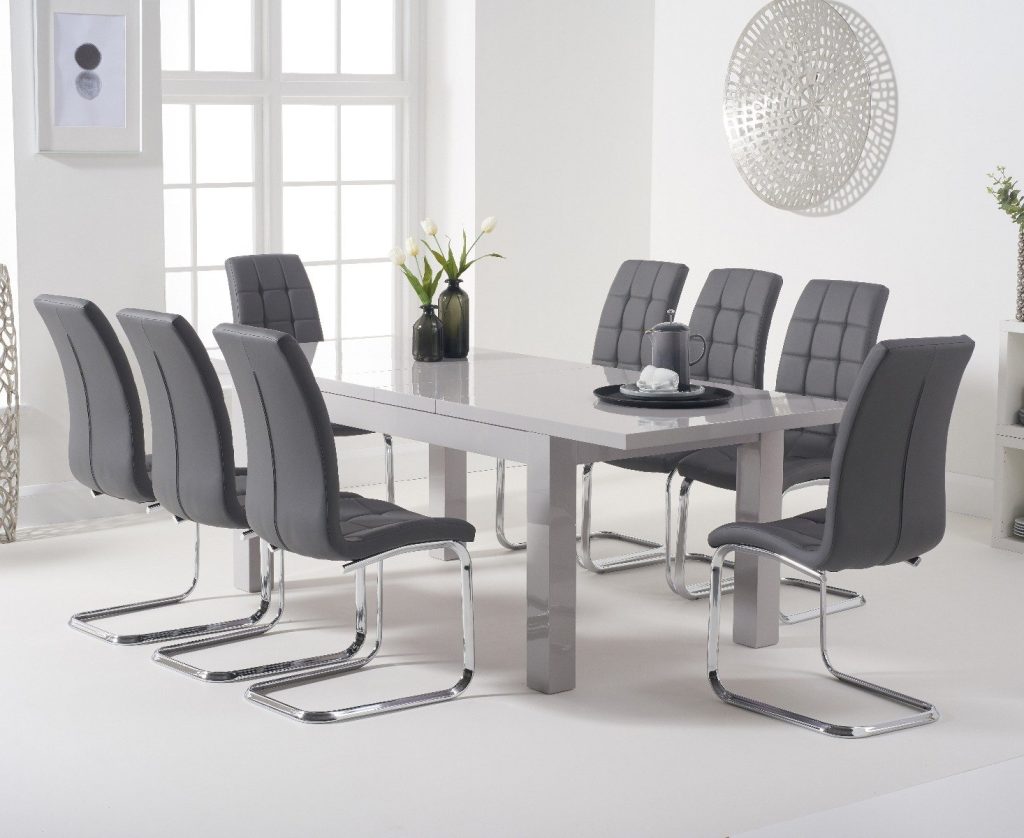 Extending Seattle 160cm Light Grey High Gloss Dining Table with 6 Grey Vigo Chairs