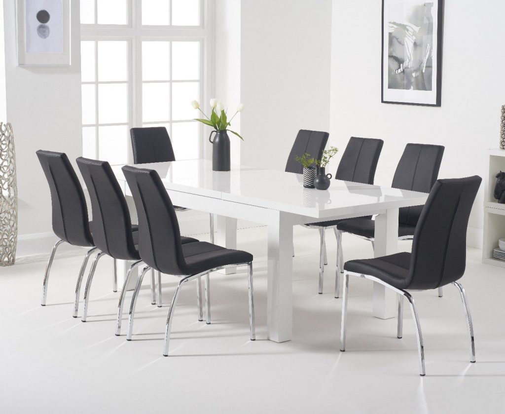 Extending Seattle 160cm White High Gloss Dining Table with 4 Grey Marco Chairs