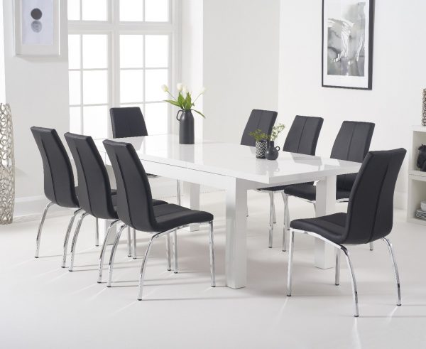 Extending Seattle 160cm White High Gloss Dining Table with 4 Grey Marco Chairs | Bed Sava