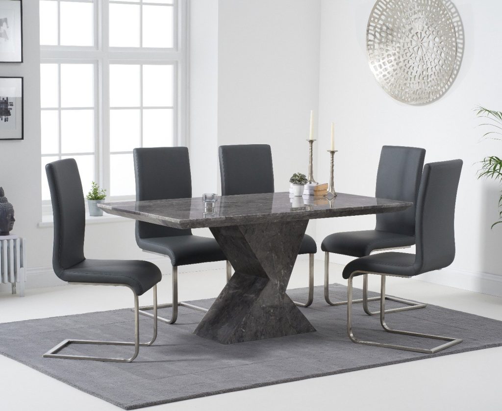 Aaron 160cm Marble Grey Dining Table with 4 White Austin Chairs