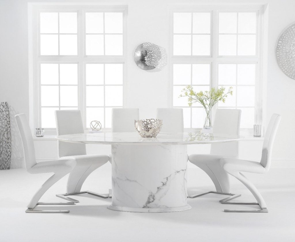 Colby 200cm White Oval Marble Dining Table with 6 White Aldo Chairs