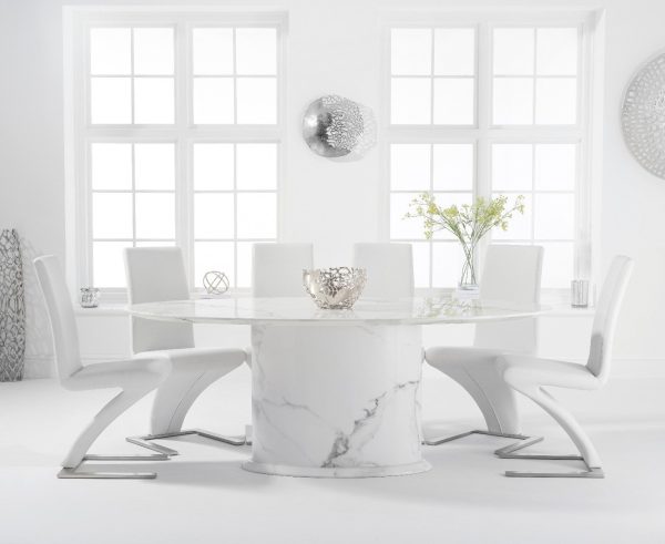 Colby 200cm White Oval Marble Dining Table with 6 Grey Aldo Chairs | Bed Sava
