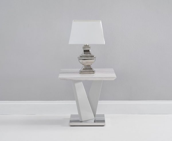 Marcella Marble Effect High Gloss Light Grey Side Table | Bed Sava