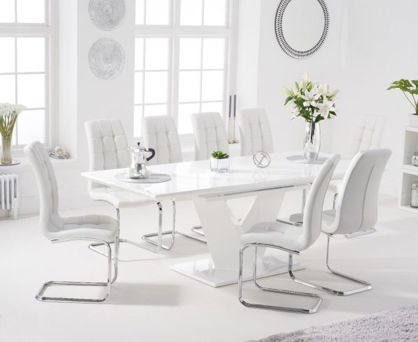 Extending Vittorio 160cm White High Gloss Dining Table with 10 Grey Vigo Chairs | Bed Sava