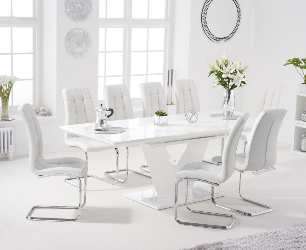 Extending  Vittorio 160cm White High Gloss Dining Table with 4 Grey Vigo Chairs