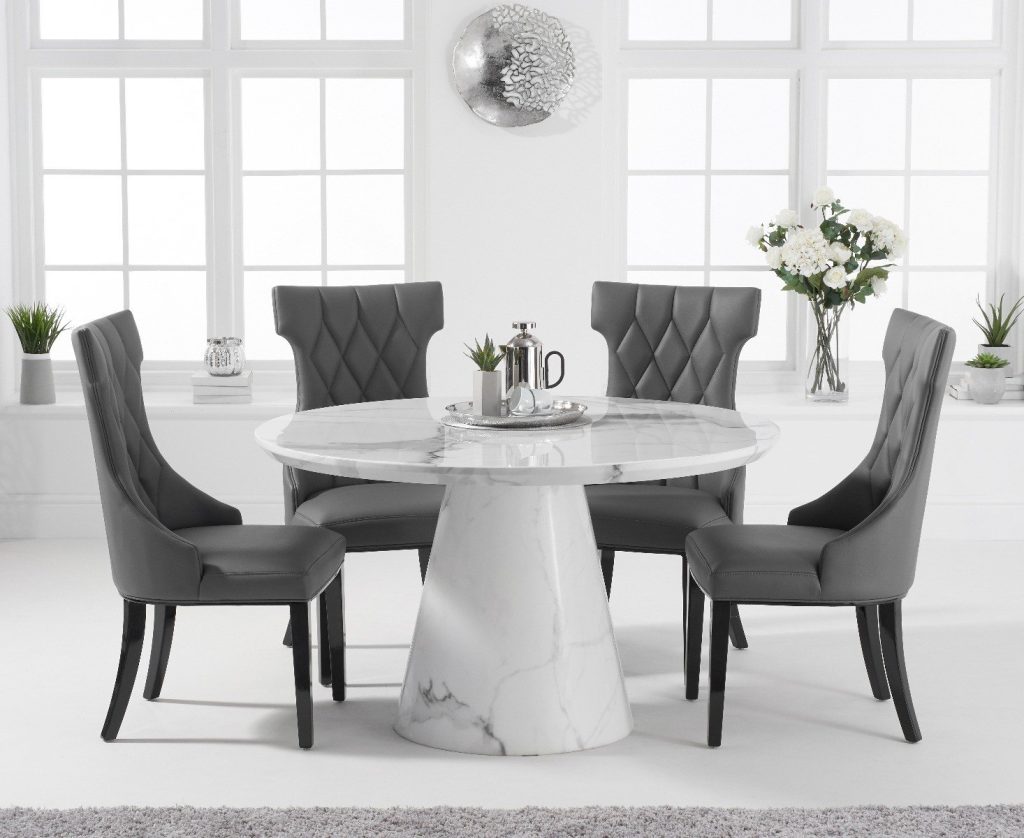 Ravello 130cm Round White Marble Dining Table with 6 Grey Sophia Chairs