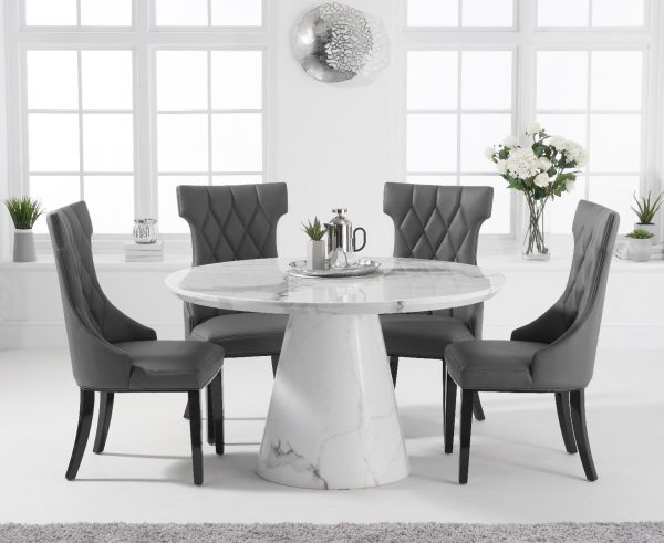 Ravello 130cm Round White Marble Dining Table with 4 Cream Sophia Chairs | Bed Sava