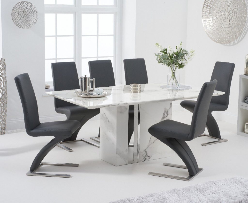 Alicia 180cm White Marble Dining Table with 6 White Aldo Chairs