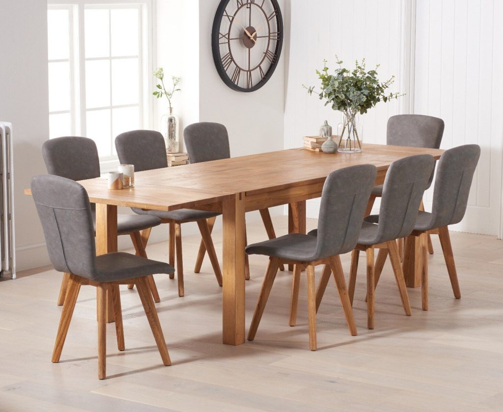 Thetford 180cm Oak Dining Table with 8 Grey Ruben Chairs with Thetford 45cm Oak Extensions