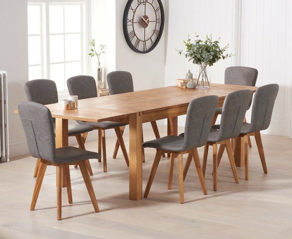 Thetford 150cm Oak Dining Table with Thetford 45cm Oak Extensions with 6 Grey Ruben Chairs