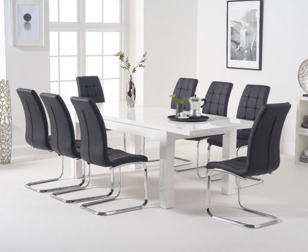 Extending Seattle 160cm White High Gloss Dining Table with 6 Grey Vigo Chairs | Bed Sava