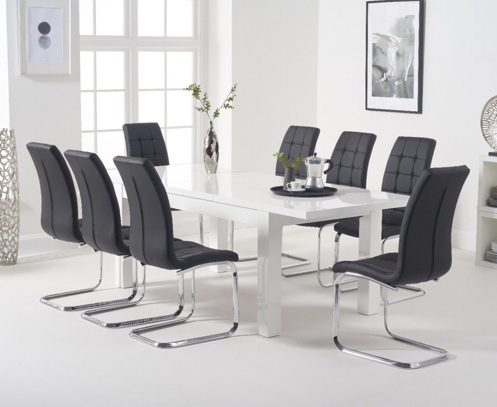 Extending Seattle 160cm White High Gloss Dining Table with 8 Grey Vigo Chairs