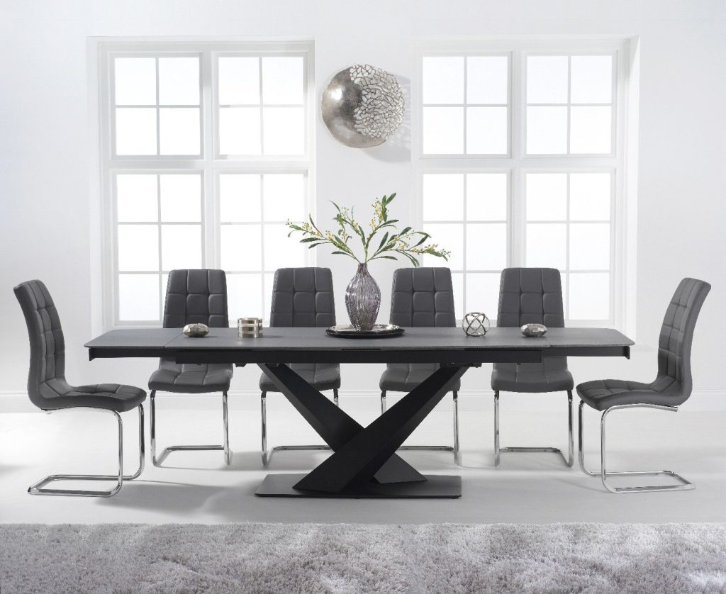 Extending Jacob 180cm Grey Stone Dining Table with 6 White Vigo Chairs | Bed Sava