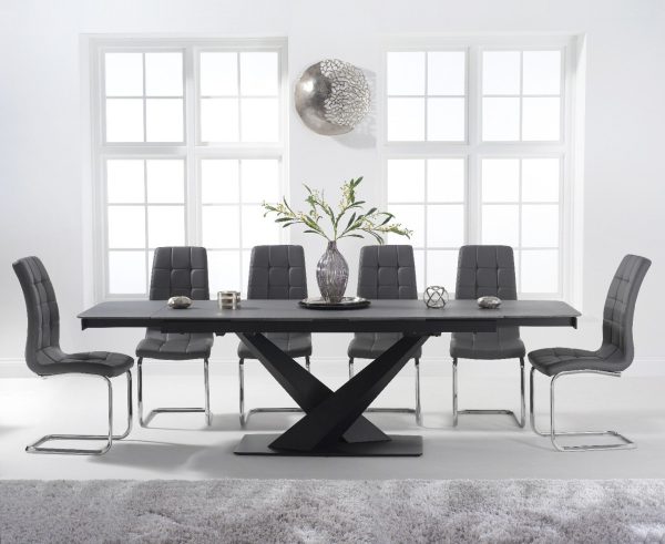 Extending Jacob 180cm Grey Stone Dining Table with 10 Grey Vigo Chairs | Bed Sava