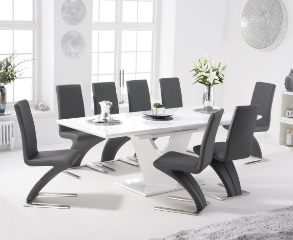 Extending Vittorio 160cm White High Gloss Dining Table with 10 Black Aldo Chairs | Bed Sava