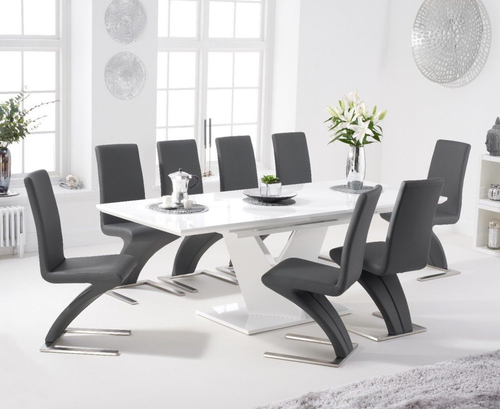 Extending  Vittorio 160cm White High Gloss Dining Table with 10 White Aldo Chairs