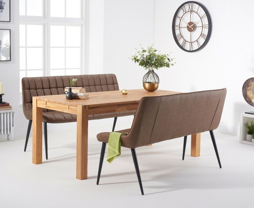 Thetford 180cm Oak Dining Table with 2 Brown Benches with Thetford 45cm Oak Extensions