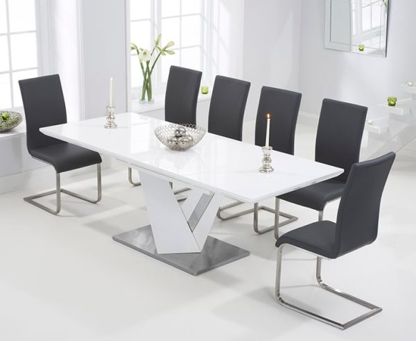 Extending Santino 160cm White High Gloss Dining Table with 8 White Austin Chairs | Bed Sava