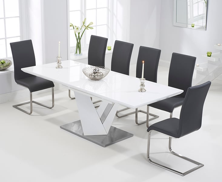 Extending Santino 160cm White High Gloss Dining Table with 10 White Austin Chairs
