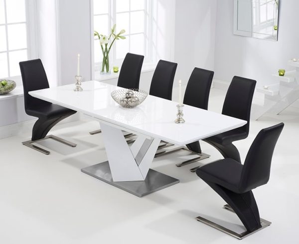 Extending Santino 160cm White High Gloss Dining Table with 6 Grey Aldo Chairs | Bed Sava