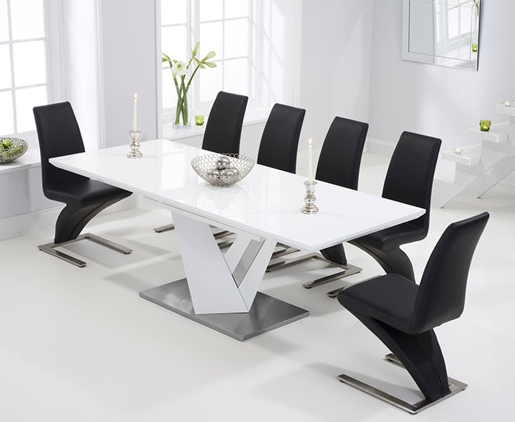 Extending Santino 160cm White High Gloss Dining Table with 6 White Aldo Chairs
