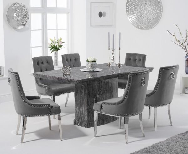 Carvelle 160cm Grey Pedestal Marble Dining Table with 6 Grey Sienna Chairs | Bed Sava