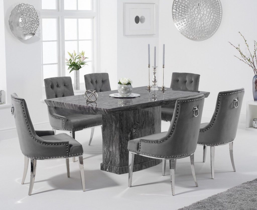 Carvelle 160cm Grey Pedestal Marble Dining Table with 4 Grey Sienna Chairs