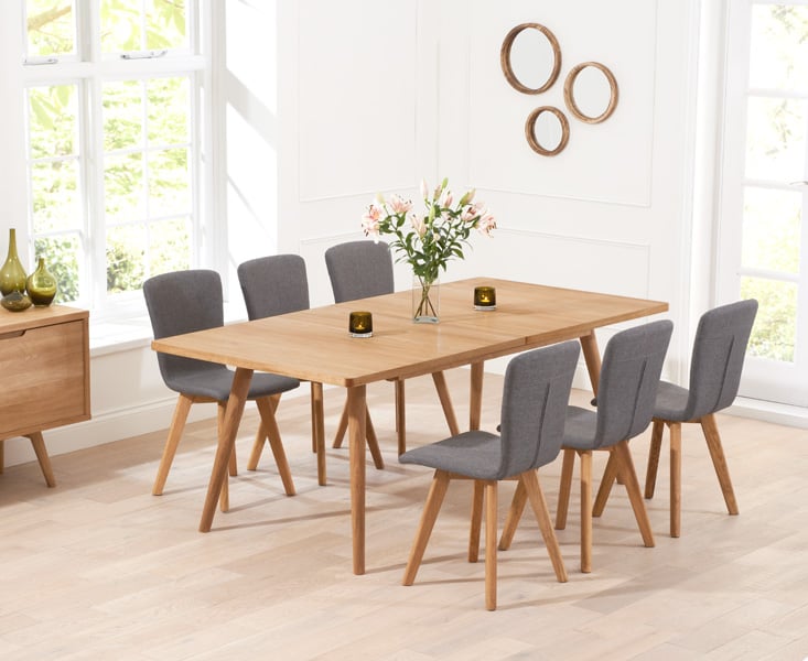 Extending Ruben 150cm Retro Oak Dining Table with 4 Grey Ruben Chairs