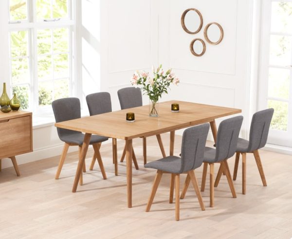 Extending Ruben 150cm Retro Oak Dining Table with 6 Grey Ruben Chairs | Bed Sava