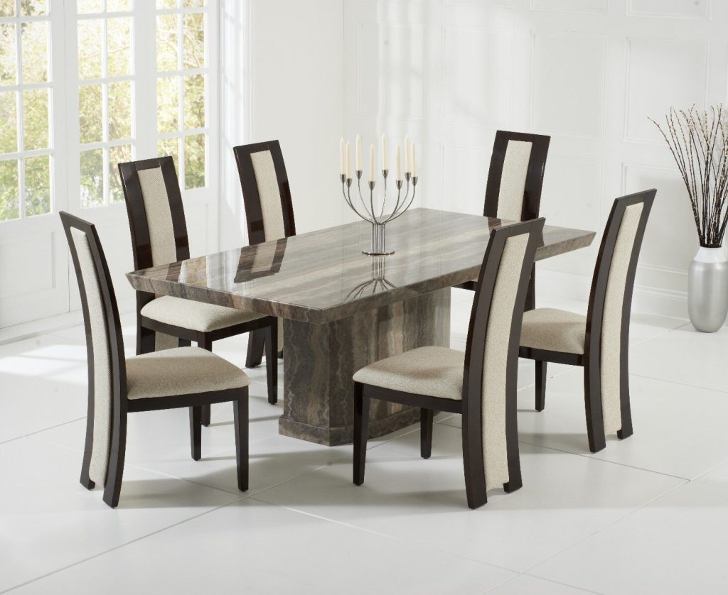Carvelle 160cm Brown Pedestal Marble Dining Table with 8 Black Novara Chairs