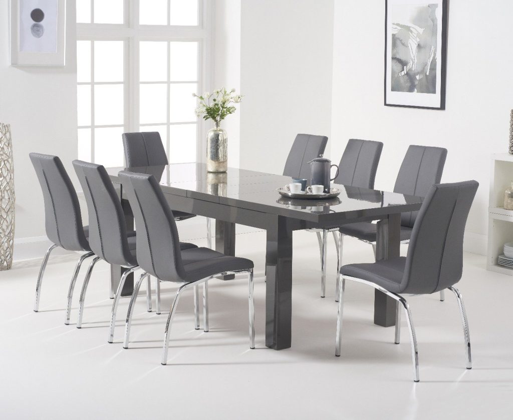 Extending Seattle 160cm Dark Grey High Gloss Dining Table with 6 White Marco Chairs