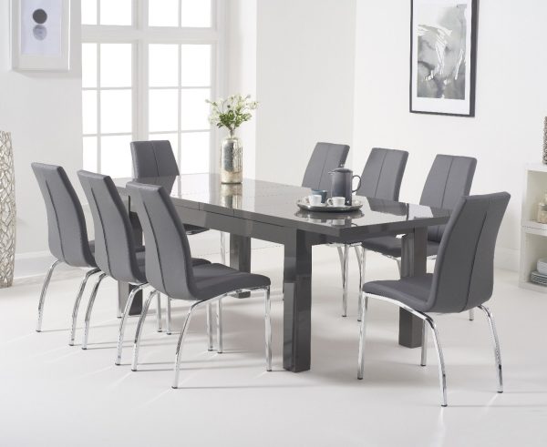 Extending Seattle 160cm Dark Grey High Gloss Dining Table with 8 White Marco Chairs | Bed Sava