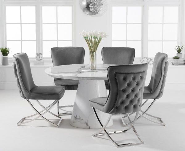 Ravello 130cm Round White Marble Dining Table with 6 Grey Lorenzo Chairs | Bed Sava
