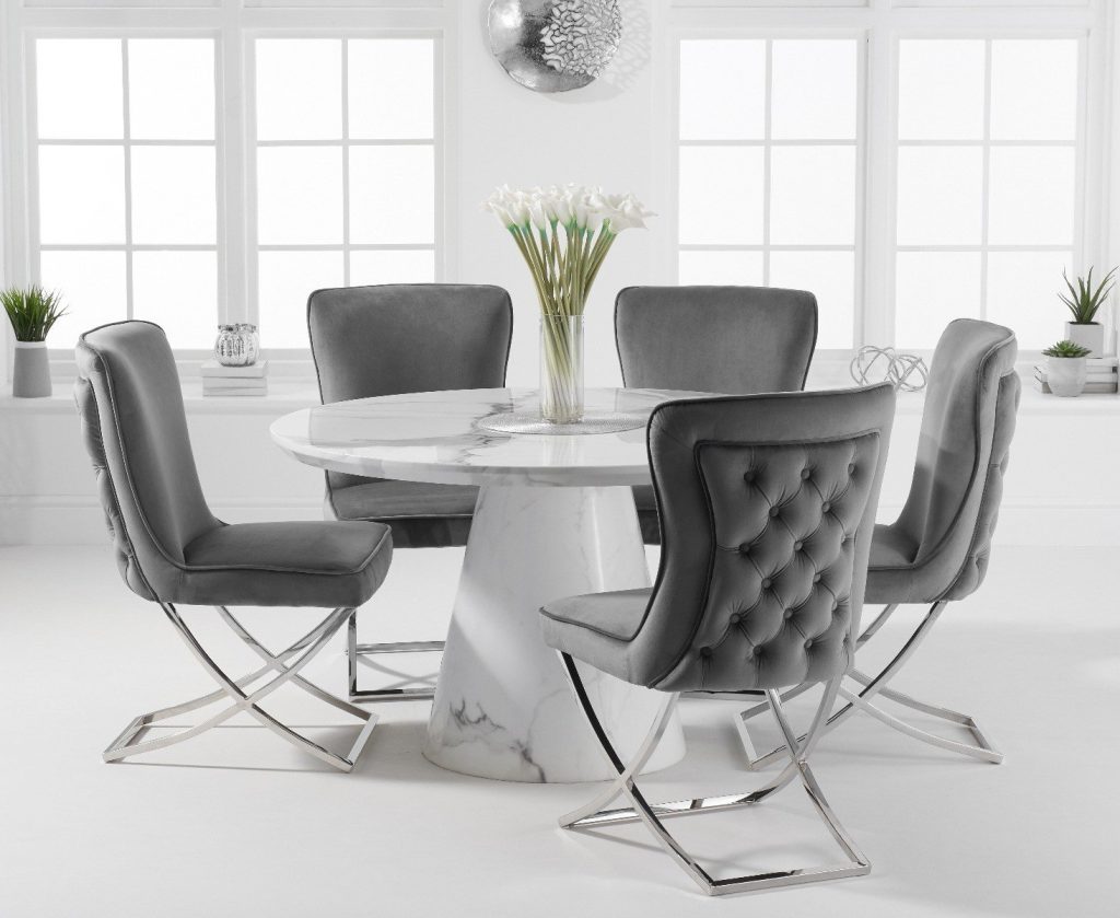 Ravello 130cm Round White Marble Dining Table with 4 Grey Lorenzo Chairs