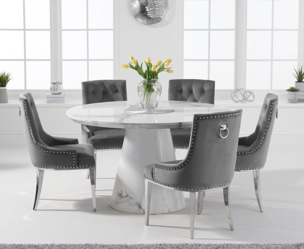 Ravello 130cm Round White Marble Dining Table with 6 Grey Sienna Chairs | Bed Sava