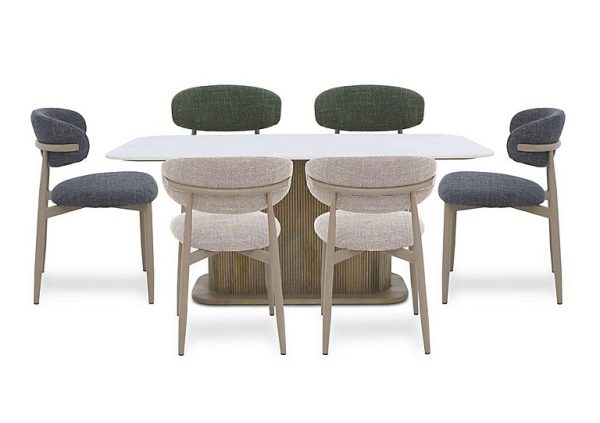 Aimar Rectangular Dining Table with 2 Oat 2 Green and 2 Dark Grey Open Back Chairs | Bed Sava