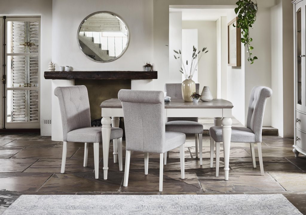 Furnitureland - Annecy Large Extending Dining Table and 6 Fabric Upholstered Roll Back Chairs