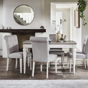 Furnitureland  Annecy Large Extending Dining Table and 6 Fabric Upholstered Roll Back Chairs | Bed Sava