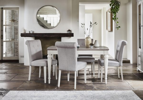 Furnitureland  Annecy Large Extending Dining Table and 4 Fabric Upholstered Roll Back Chairs | Bed Sava