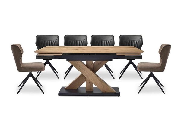 Aydin Large Extending Dining Table with 4 Dark Grey Swivel Chairs and 2 Light Brown Swivel Chairs | Bed Sava