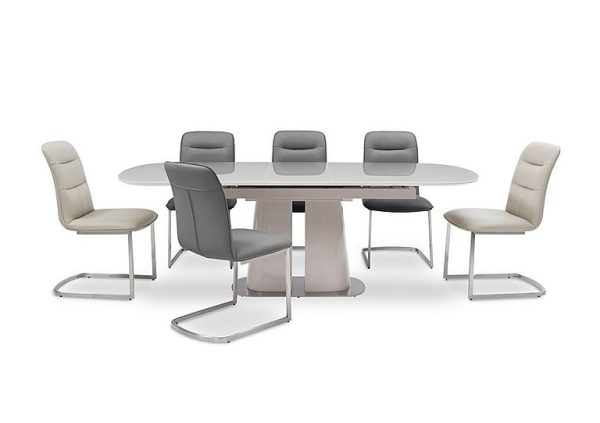 Cashmere Large Pop Up Extending Dining Table with 4 Charcoal Chairs and 2 Taupe Chairs | Bed Sava