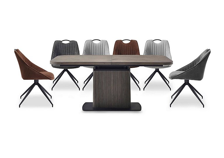 Jai Large Extending Dining table with 2 Dark Grey, 2 Rust and 2 Silver Swivel Chairs